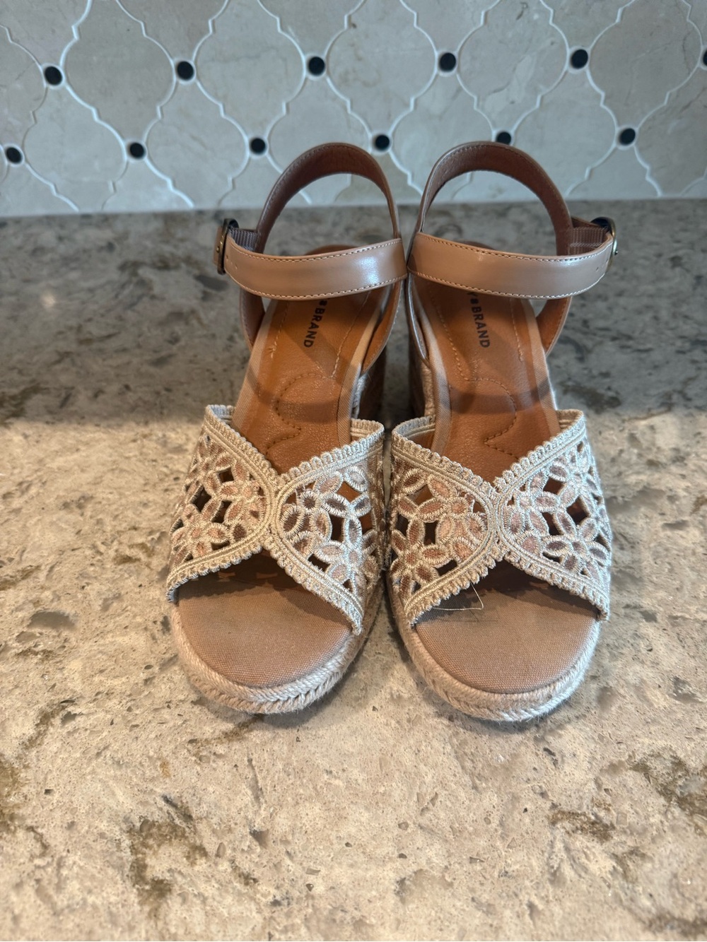 Lucky Brand Women’s Beige Crochet Espadrille Wedge Sandals